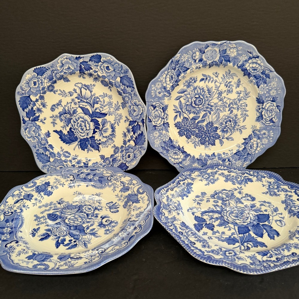 Vintage Spode Blue Room British Flowers Collection Set of 4 Plates Blue 10.5in
